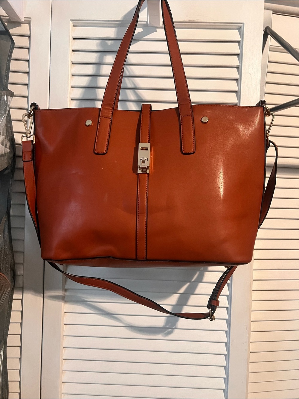 Leather Tote Bag in Cognac Brown - Classic Shoulder Bag with cosmetic bag